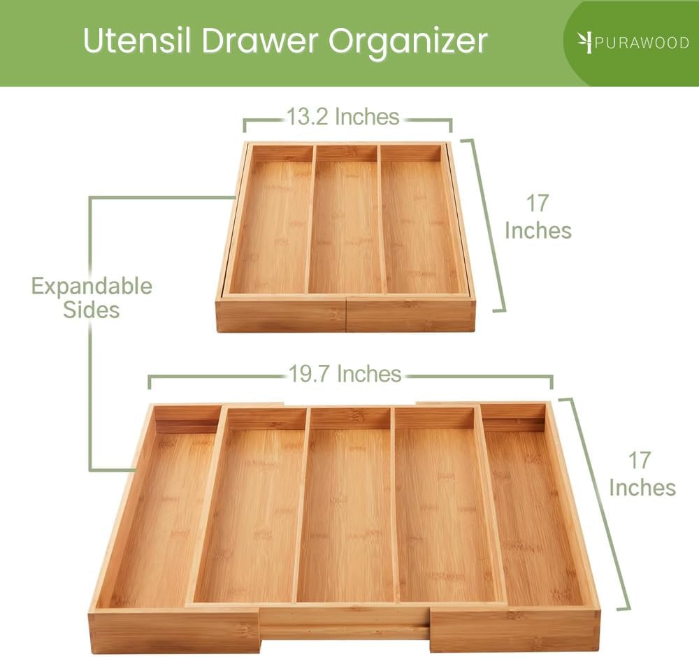 Purawood Expandable Bamboo Kitchen Drawer Organizer, 3-5 Slots, Natural