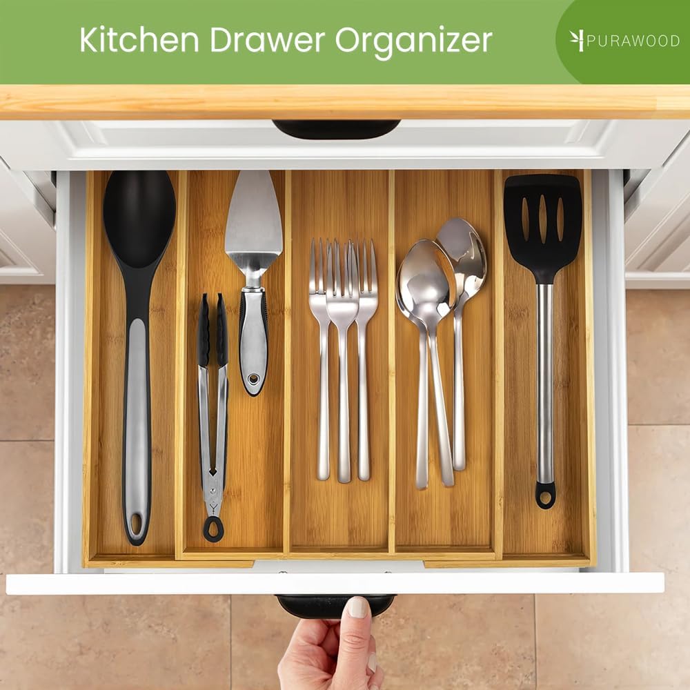 Purawood Expandable Bamboo Kitchen Drawer Organizer, 3-5 Slots, Natural