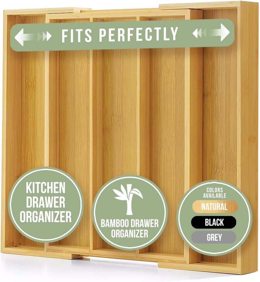 Purawood Expandable Bamboo Kitchen Drawer Organizer, 3-5 Slots, Natural