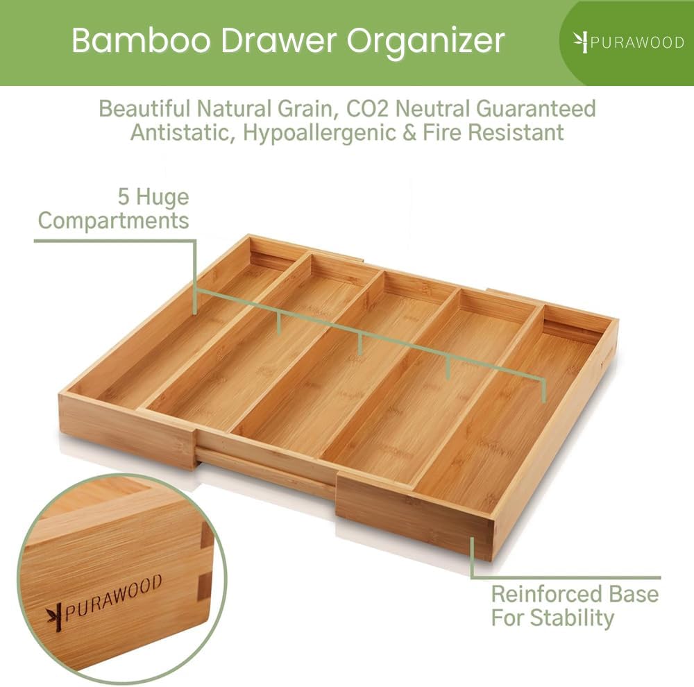 Purawood Expandable Bamboo Kitchen Drawer Organizer, 3-5 Slots, Natural