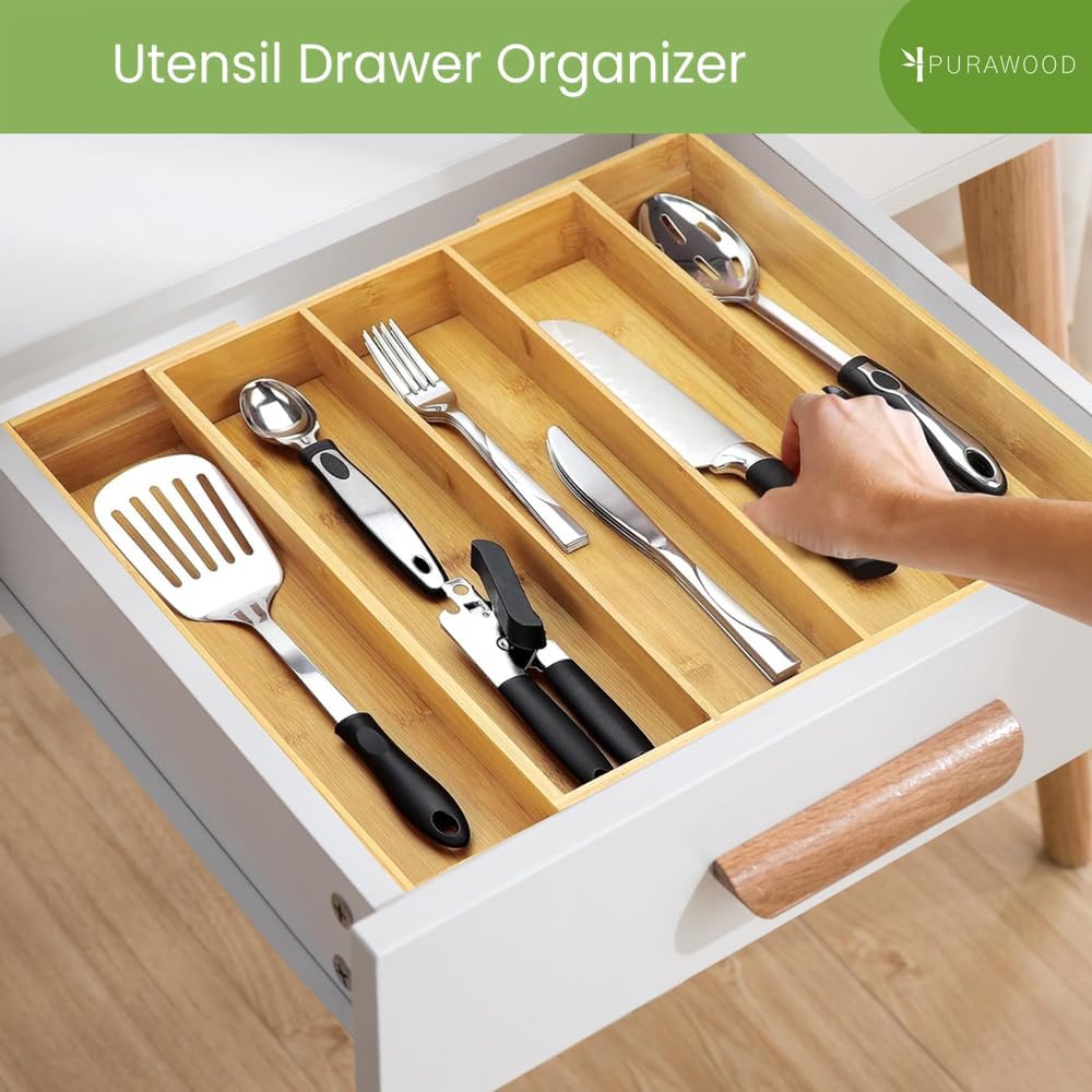 Purawood Expandable Bamboo Kitchen Drawer Organizer, 3-5 Slots, Natural