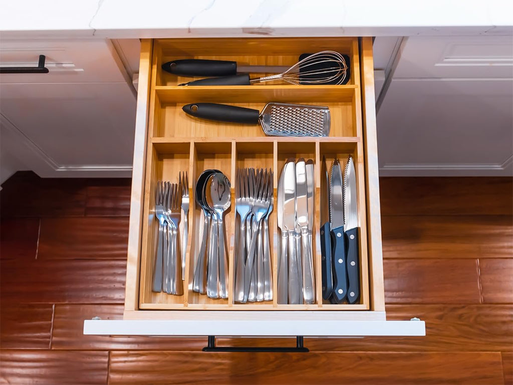 Umilife Bamboo Kitchen Drawer Organizer, 13" Wide, 7 Extra-Deep Slots, Natural