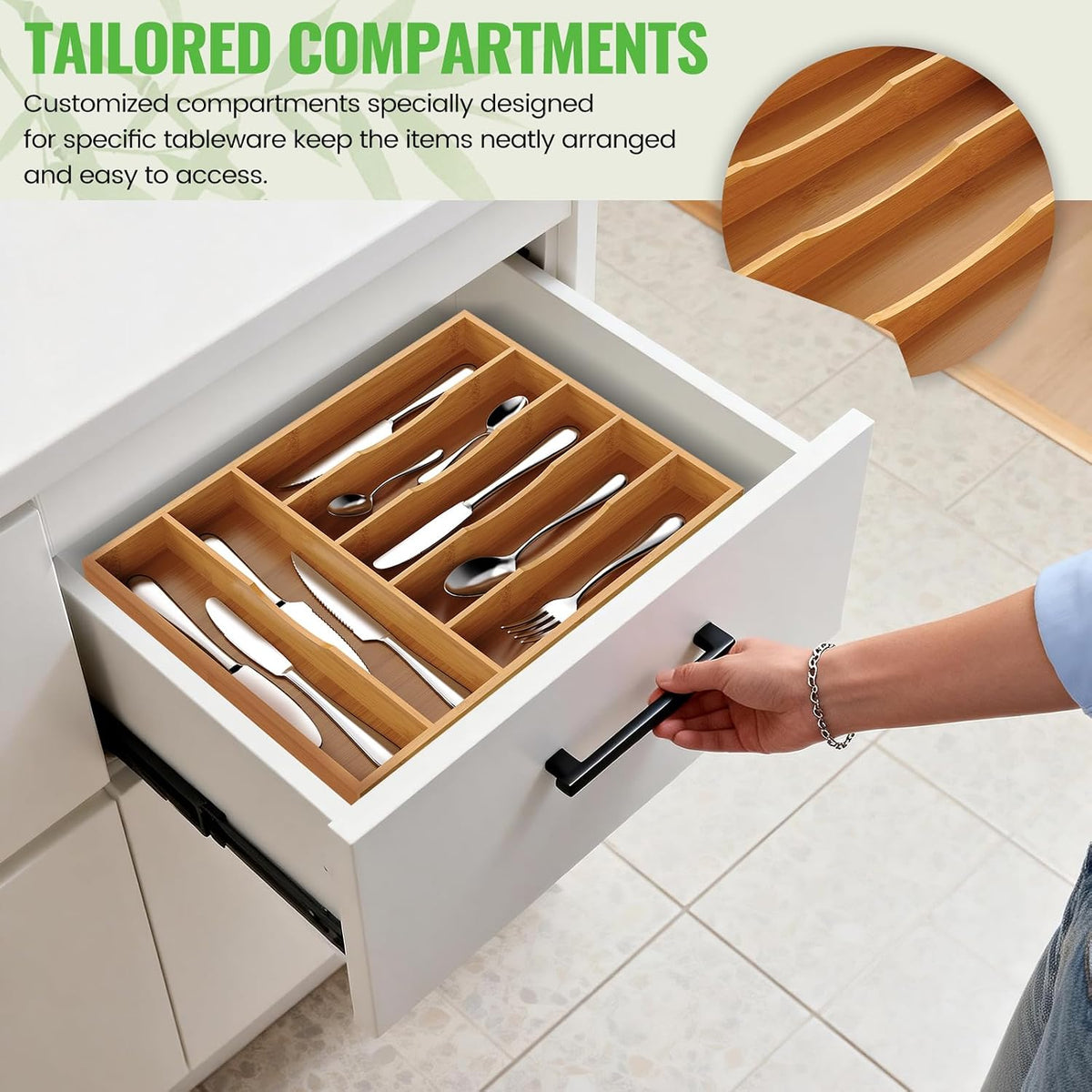 Bayting Bamboo Silverware Organizer, 12" Wide, 7 Slots
