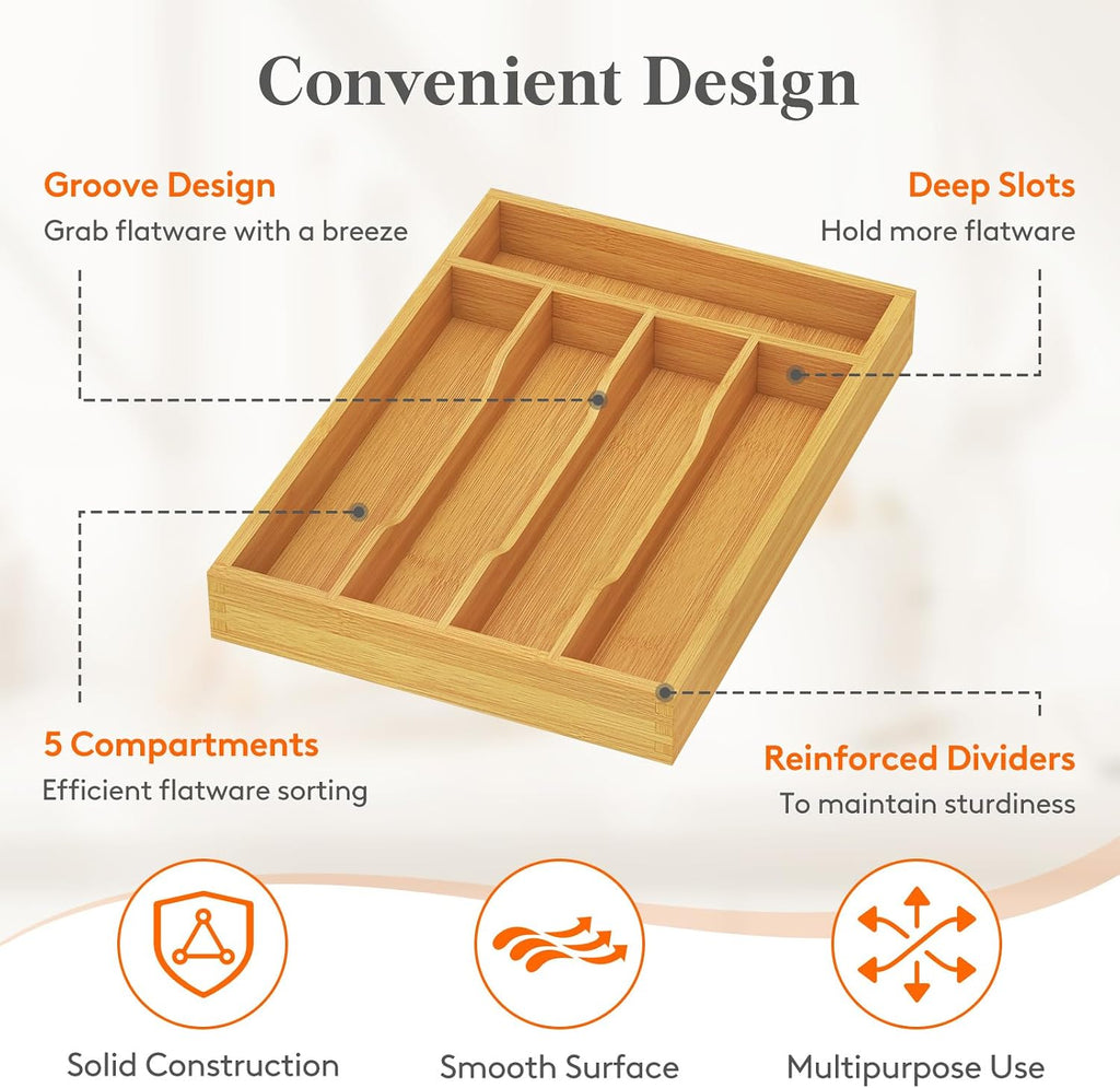 Lifewit Bamboo Silverware Tray, 4 Compartments, 6.7" x 12" Compact