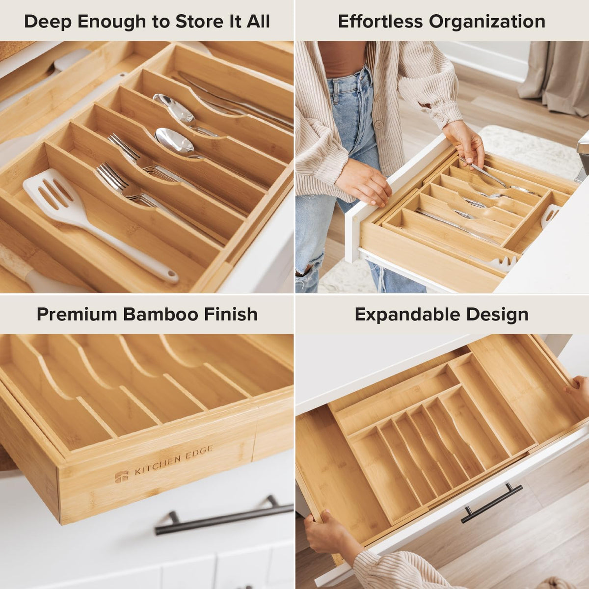 KitchenEdge Expandable Bamboo Silverware Drawer Organizer, Extra Wide 18.5"-33", Natural