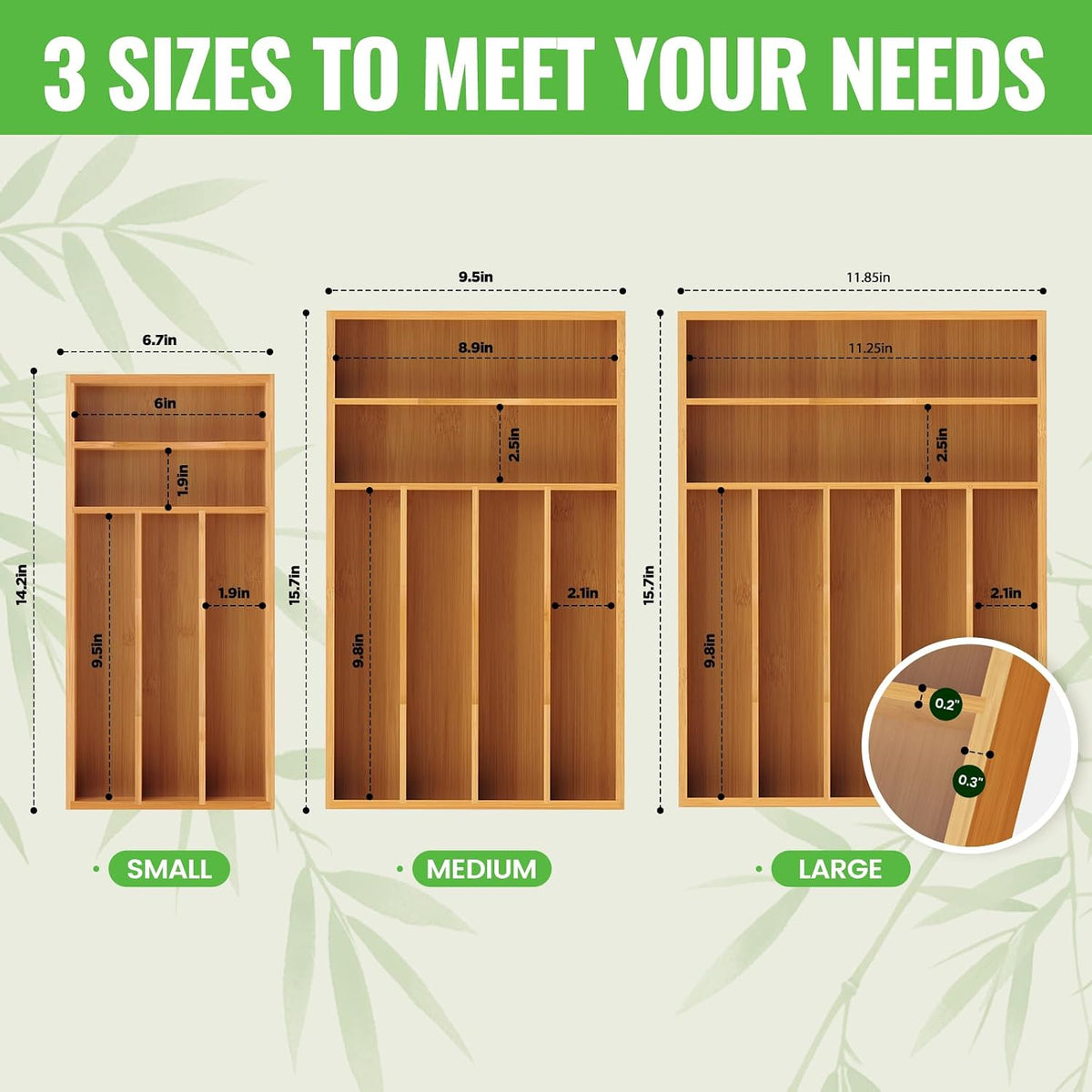 Bayting Bamboo Silverware Organizer, 12" Wide, 7 Slots