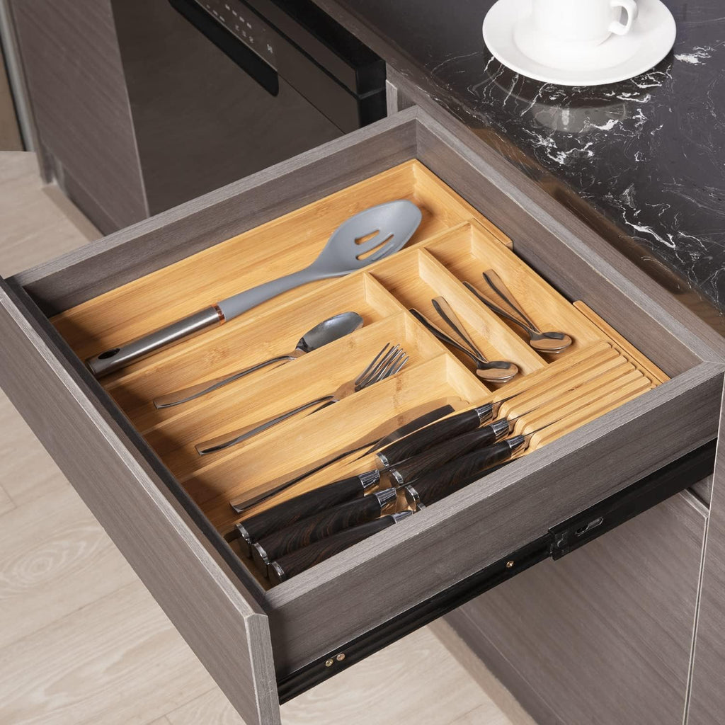 TIOPGHAD Expandable Bamboo Silverware Organizer with Removable Knife Block, 8 Compartments