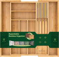 TIOPGHAD Expandable Bamboo Silverware Organizer with Removable Knife Block, 8 Compartments