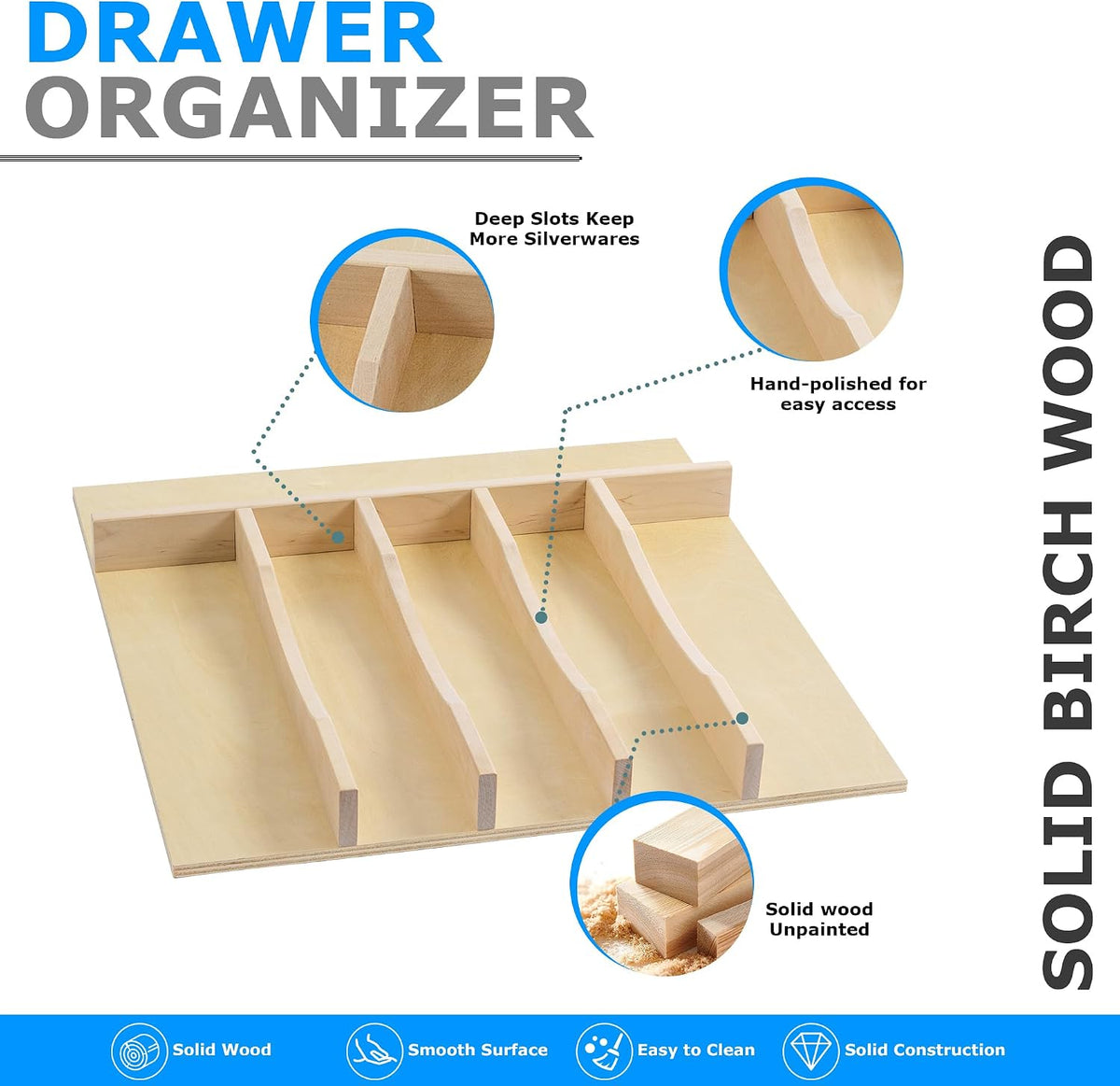 WelFurGeer Solid Birch Wood Silverware Drawer Organizer, Large Utensil Tray