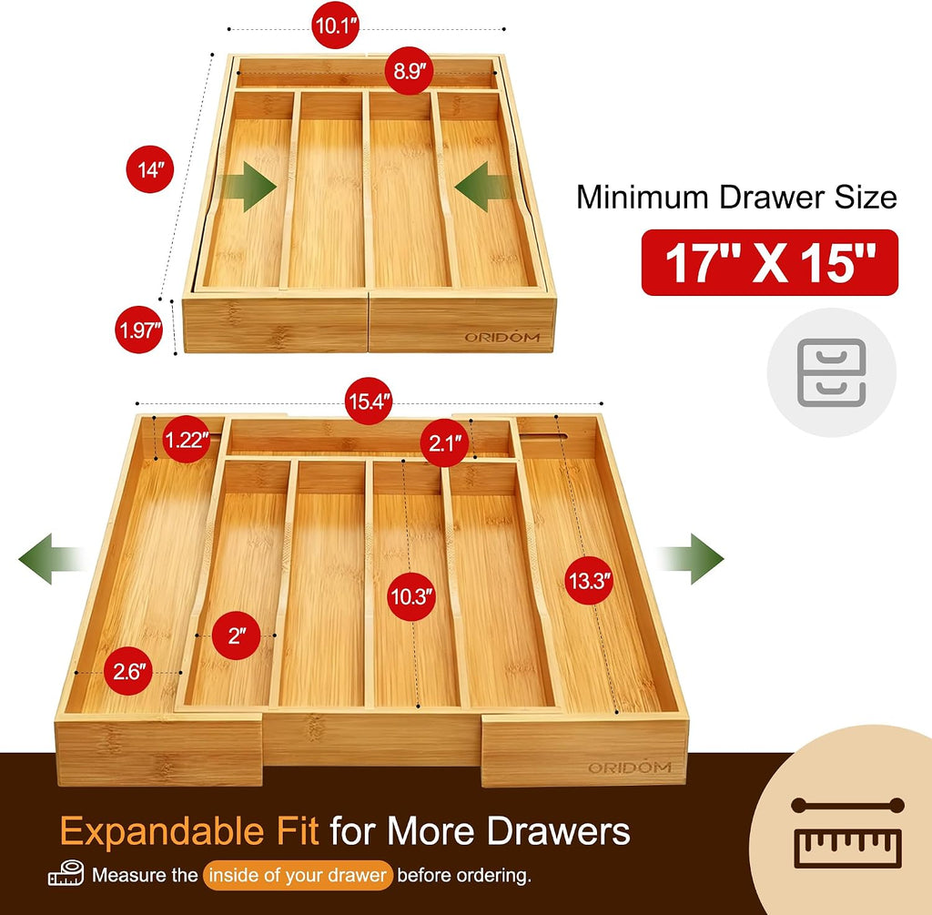 ORIDOM Expandable Bamboo Cutlery Drawer Organizer, 5-7 Slots, Natural