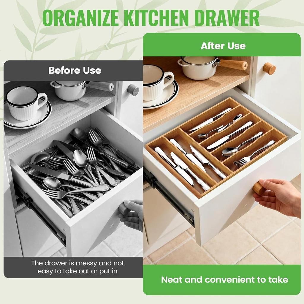Bayting Bamboo Silverware Organizer, 12" Wide, 7 Slots