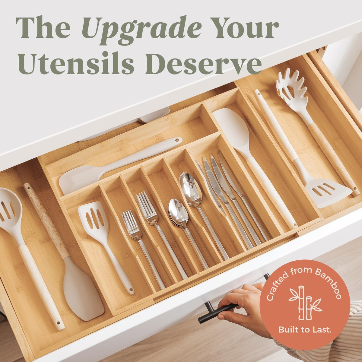 KitchenEdge Expandable Bamboo Silverware Drawer Organizer, Extra Wide 18.5"-33", Natural
