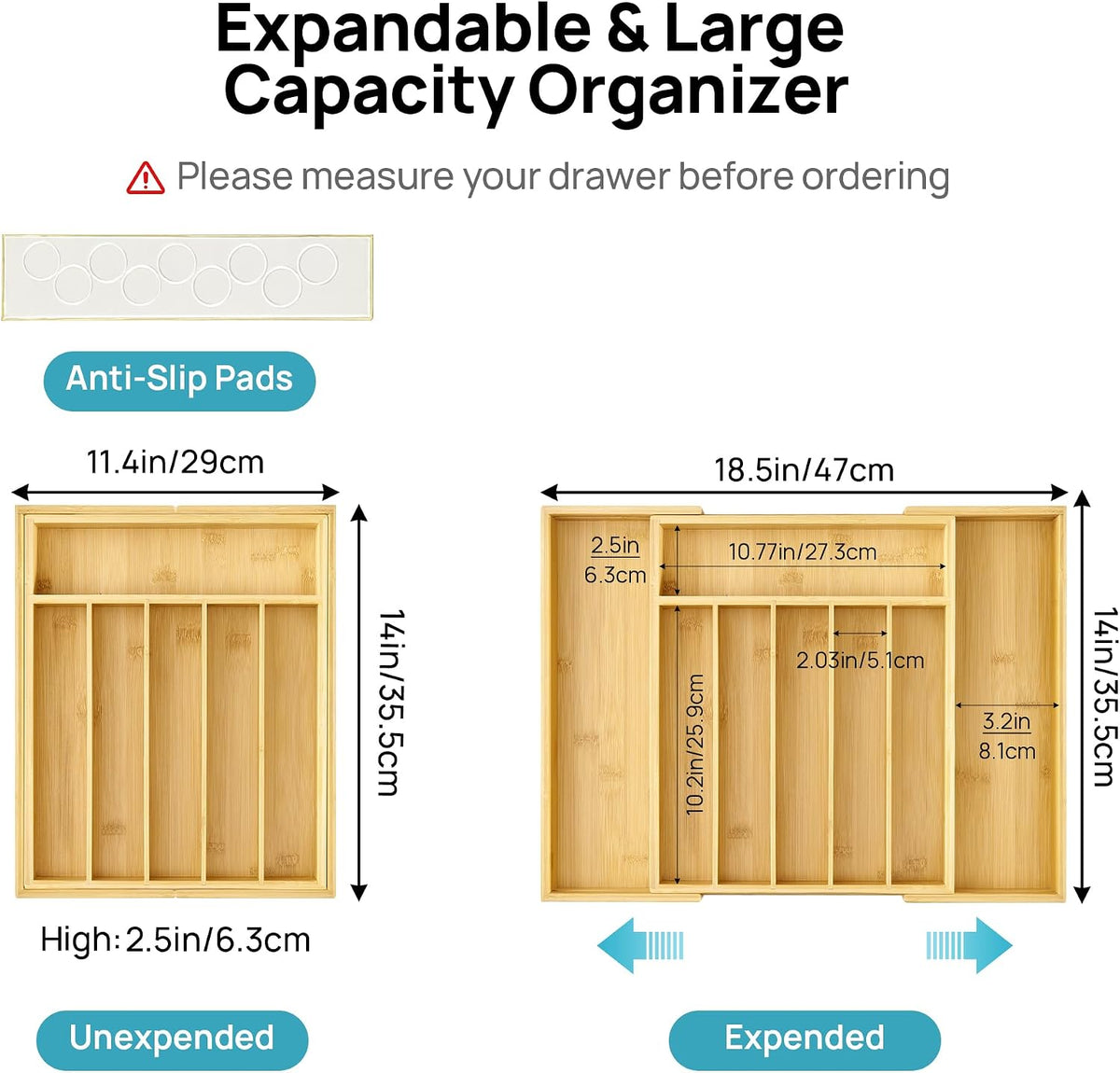 Vtopmart Expandable Bamboo Silverware Organizer, Large, 6-8 Compartments