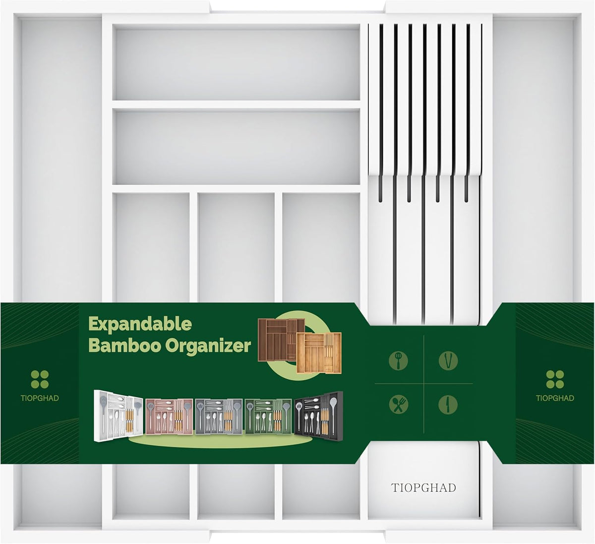 TIOPGHAD Expandable Bamboo Silverware Organizer with Removable Knife Block, 8 Compartments