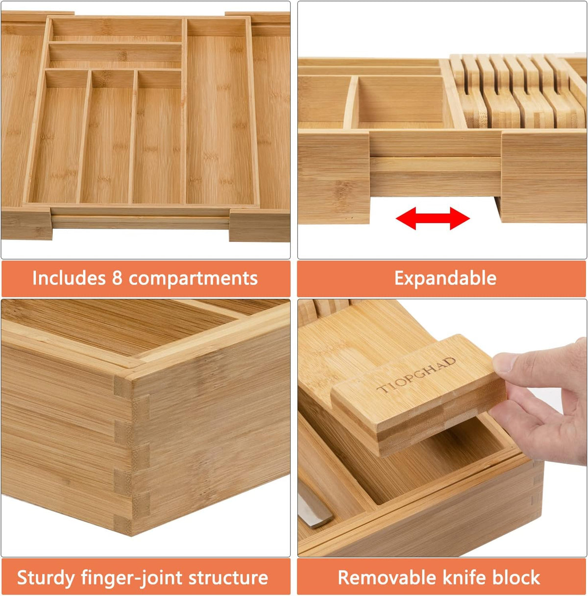 TIOPGHAD Expandable Bamboo Silverware Organizer with Removable Knife Block, 8 Compartments