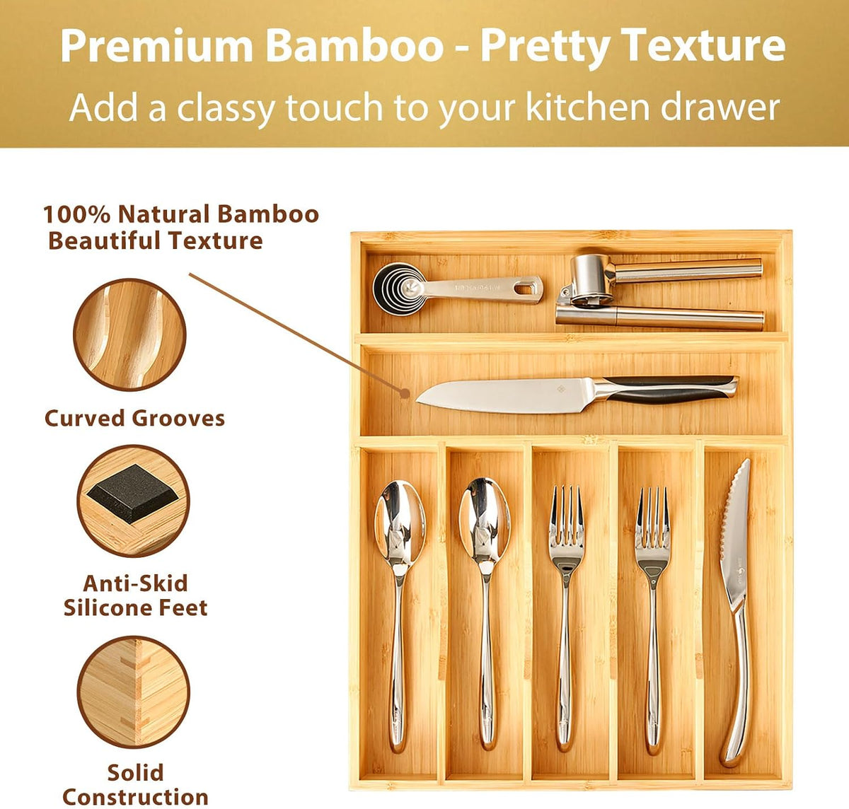 Umilife Bamboo Kitchen Drawer Organizer, 13" Wide, 7 Extra-Deep Slots, Natural