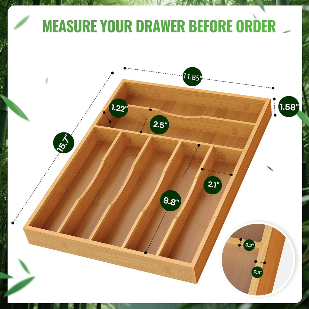 Bayting Bamboo Silverware Organizer, 12" Wide, 7 Slots
