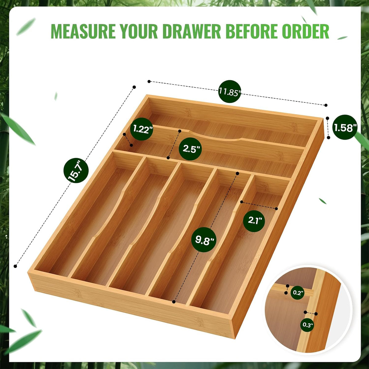Bayting Bamboo Silverware Organizer, 12" Wide, 7 Slots