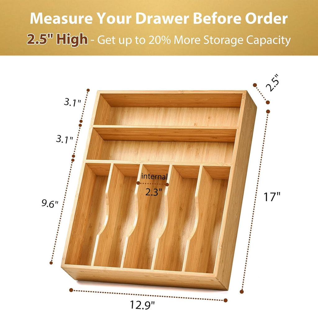 Umilife Bamboo Kitchen Drawer Organizer, 13" Wide, 7 Extra-Deep Slots, Natural