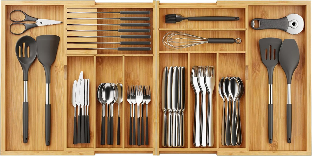 BAMEOS Expandable Bamboo Drawer Organizer with Removable Dividers, 9 Compartments