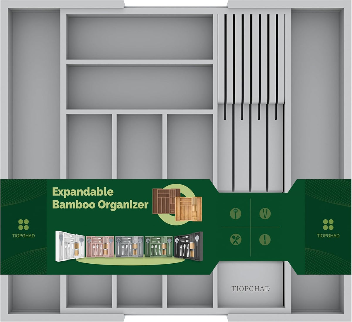TIOPGHAD Expandable Bamboo Silverware Organizer with Removable Knife Block, 8 Compartments