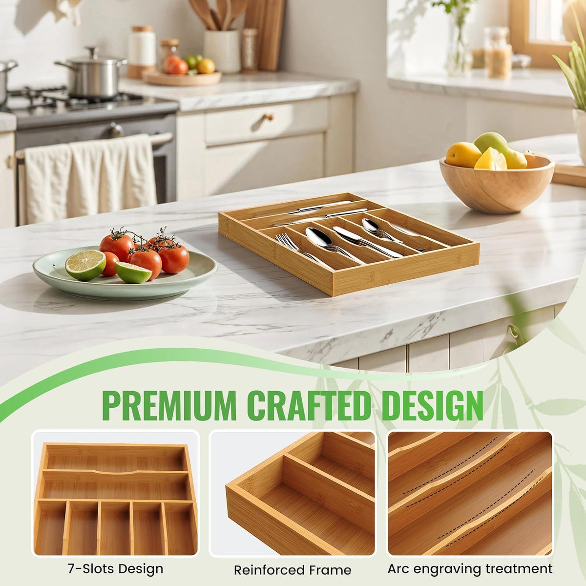 Bayting Bamboo Silverware Organizer, 12" Wide, 7 Slots
