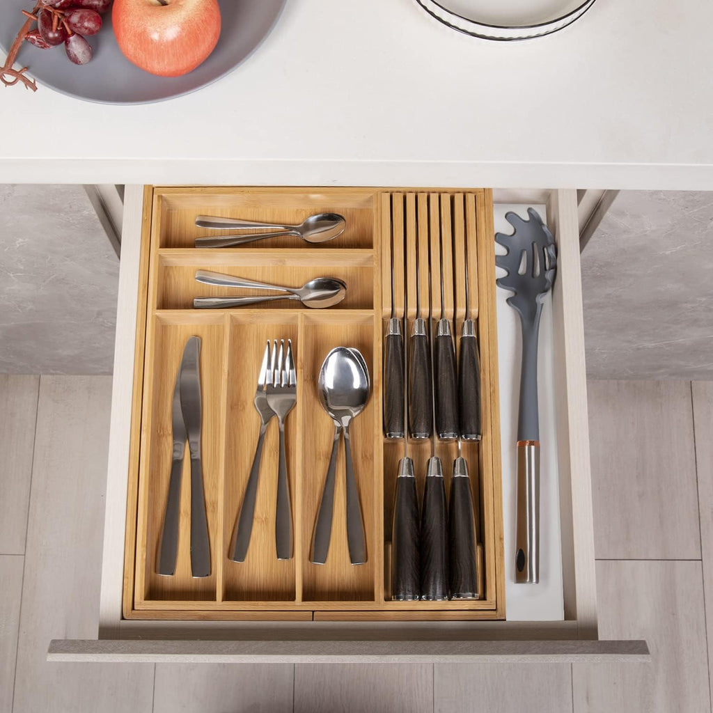 TIOPGHAD Expandable Bamboo Silverware Organizer with Removable Knife Block, 8 Compartments