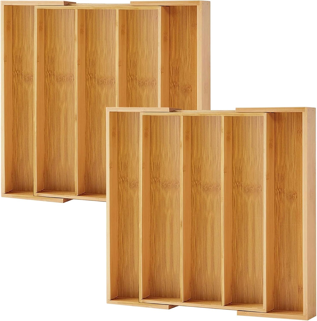 Purawood Expandable Bamboo Kitchen Drawer Organizer, 3-5 Slots, Natural