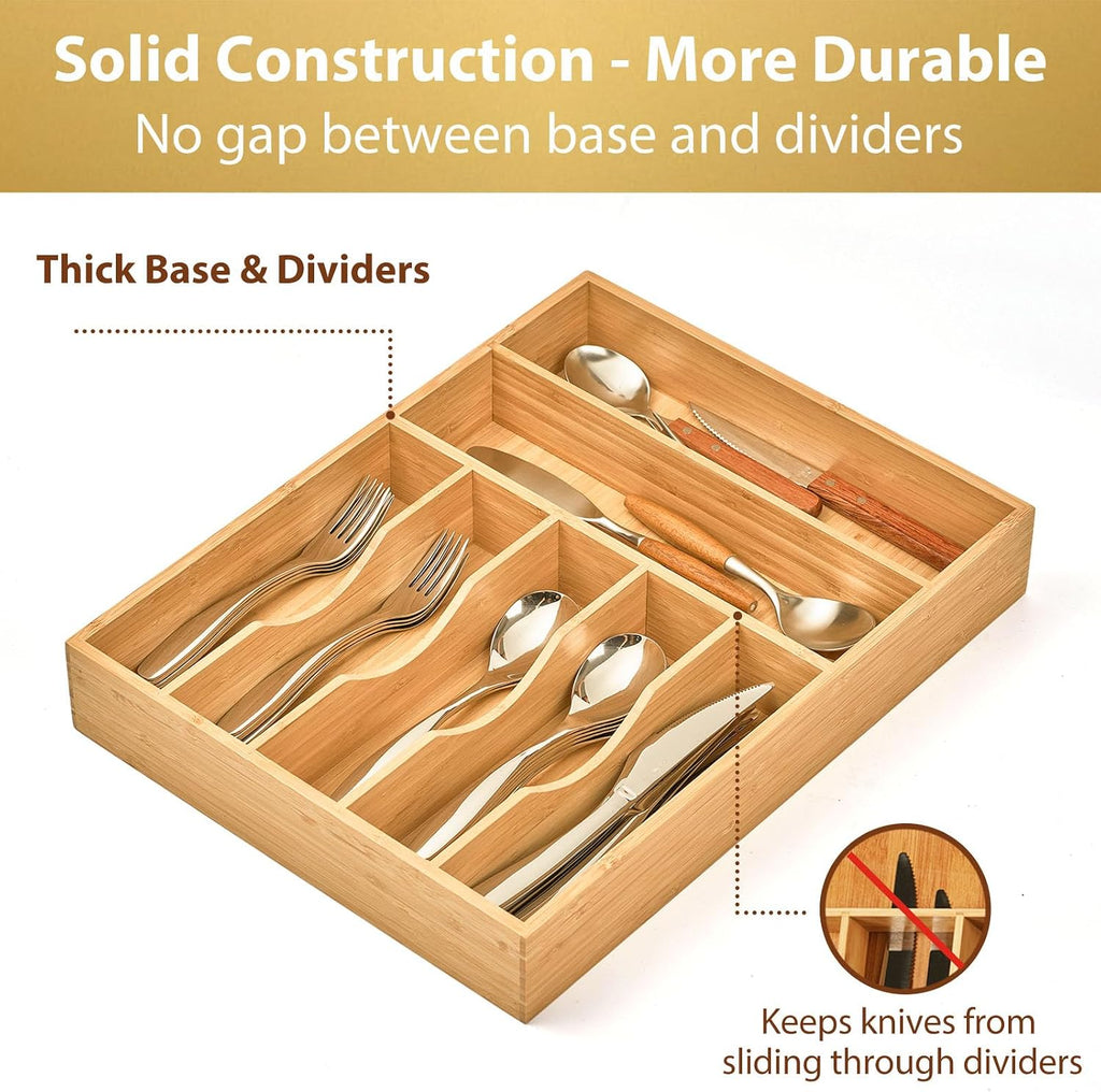 Umilife Bamboo Kitchen Drawer Organizer, 13" Wide, 7 Extra-Deep Slots, Natural