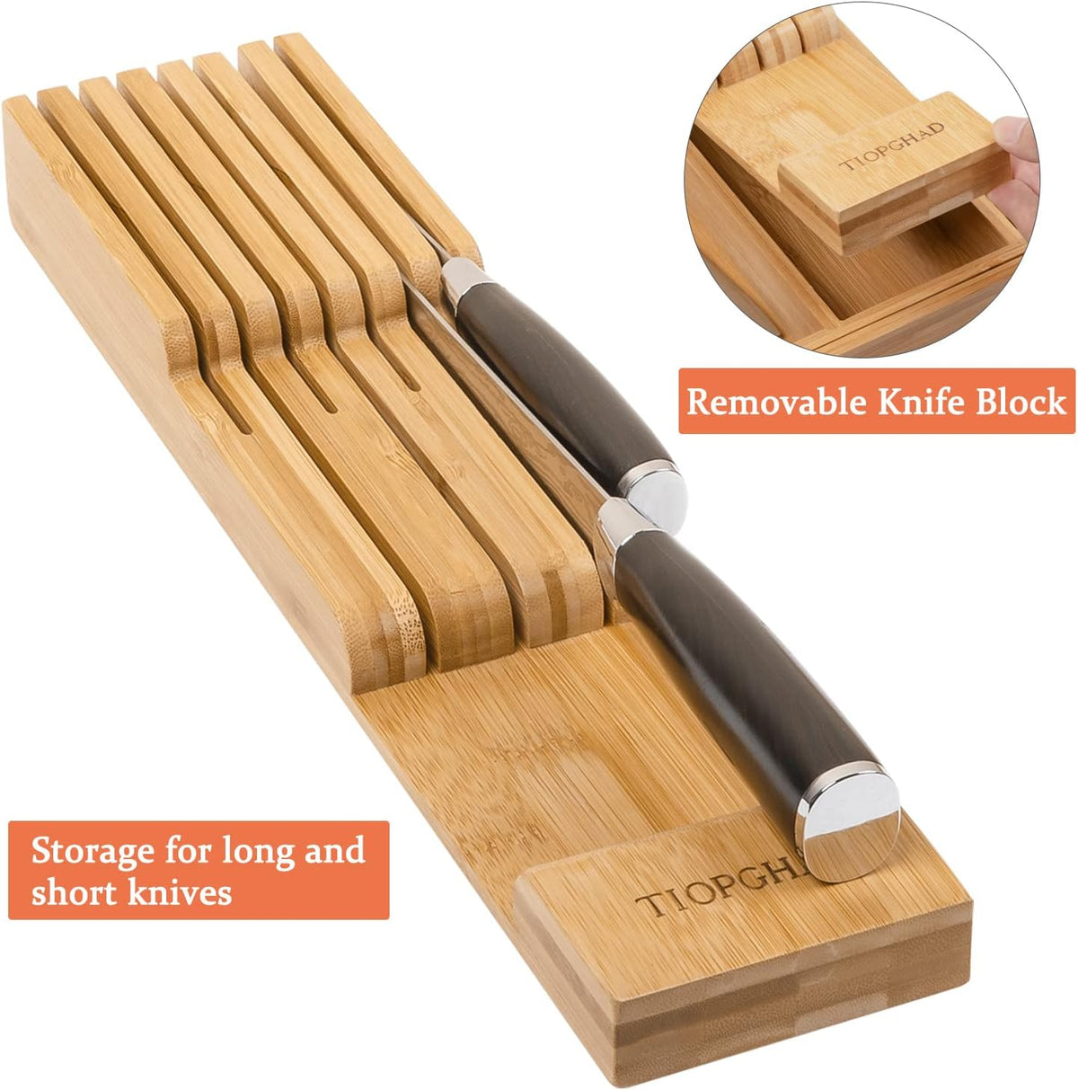 TIOPGHAD Expandable Bamboo Silverware Organizer with Removable Knife Block, 8 Compartments