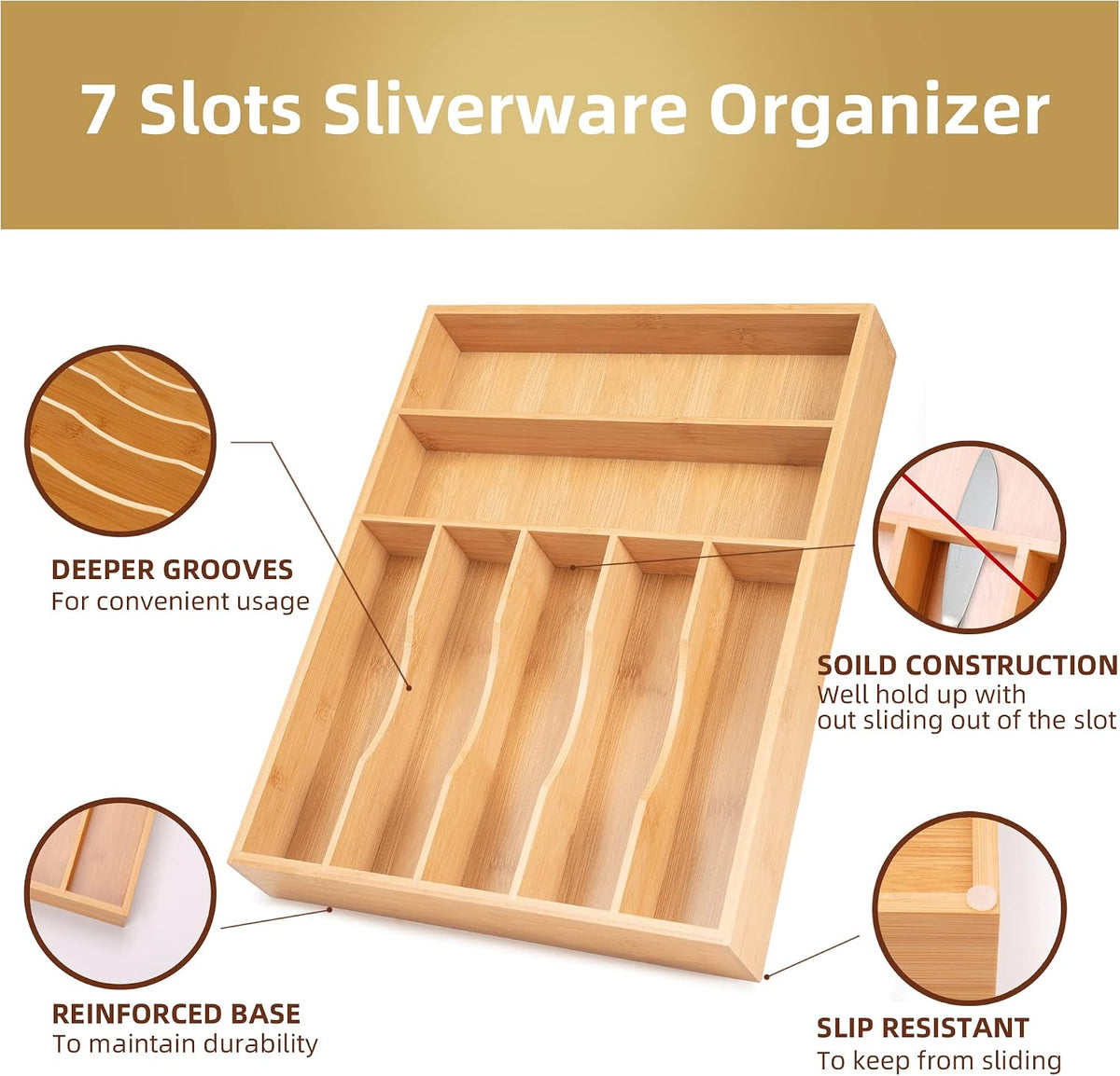 Besilord Bamboo Silverware Organizer, 7 Compartments, Natural