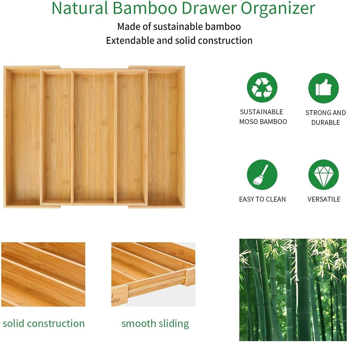 Utoplike Expandable Bamboo Kitchen Drawer Organizer, Large, 3-5 Slots, Natural