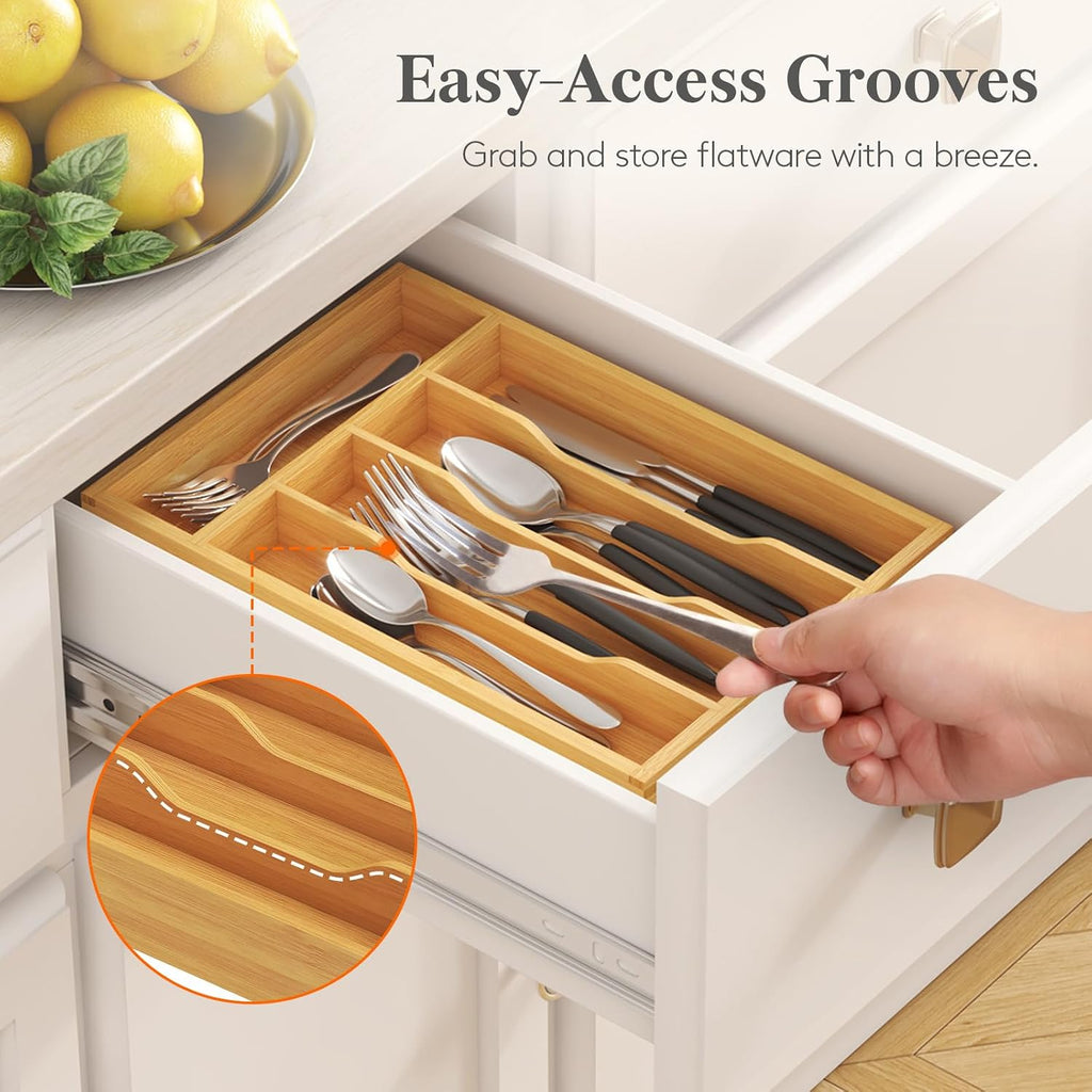 Lifewit Bamboo Silverware Tray, 4 Compartments, 6.7" x 12" Compact