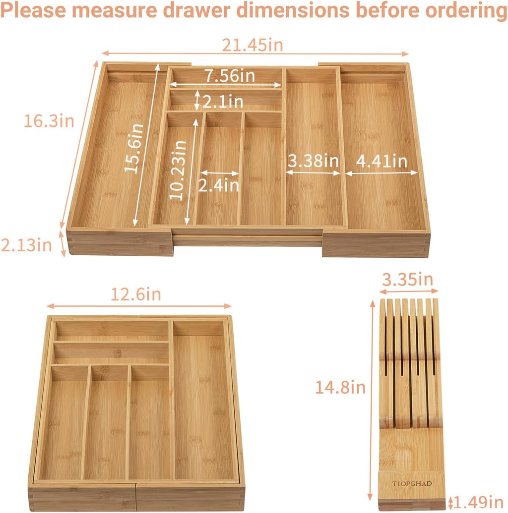 TIOPGHAD Expandable Bamboo Silverware Organizer with Removable Knife Block, 8 Compartments