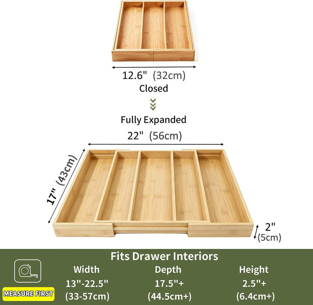 Utoplike Expandable Bamboo Kitchen Drawer Organizer, Large, 3-5 Slots, Natural