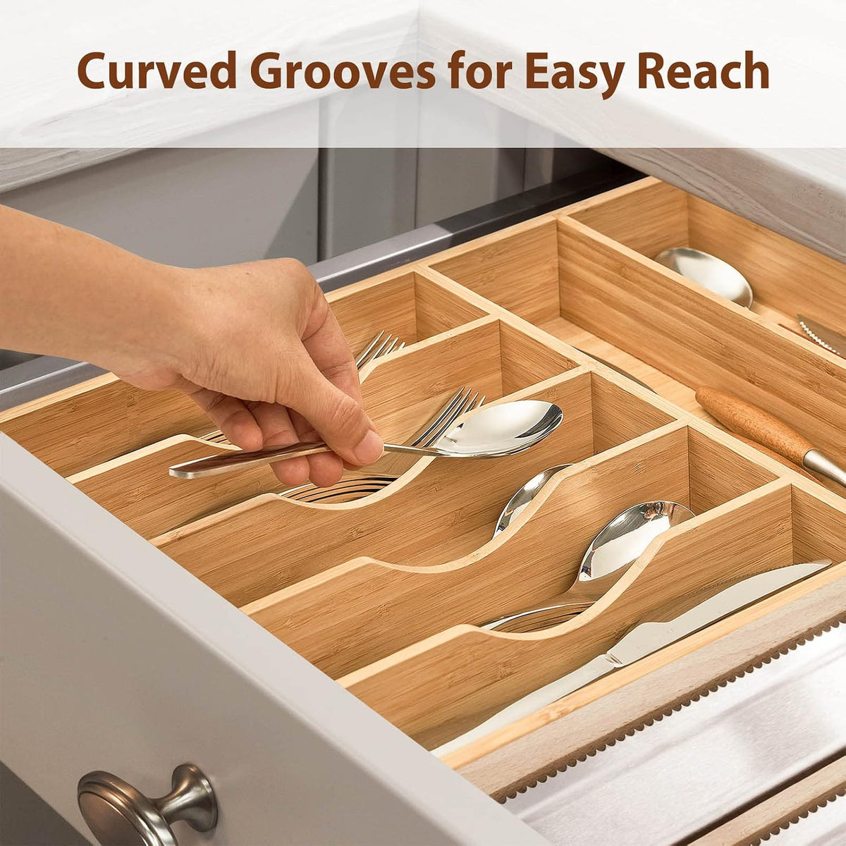 Umilife Bamboo Kitchen Drawer Organizer, 13" Wide, 7 Extra-Deep Slots, Natural