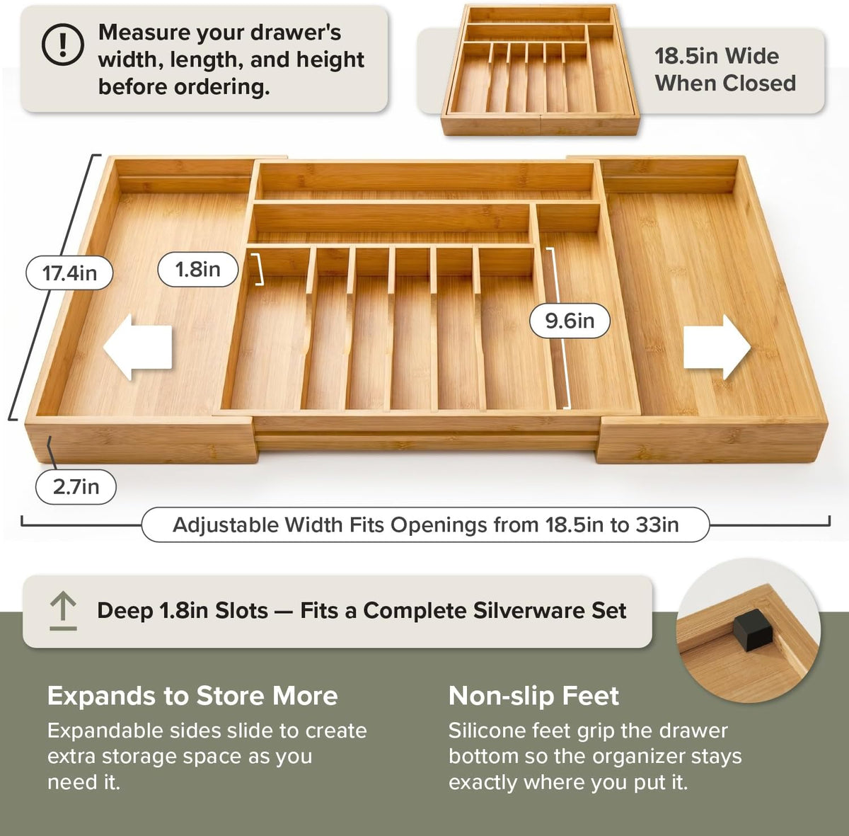 KitchenEdge Expandable Bamboo Silverware Drawer Organizer, Extra Wide 18.5"-33", Natural