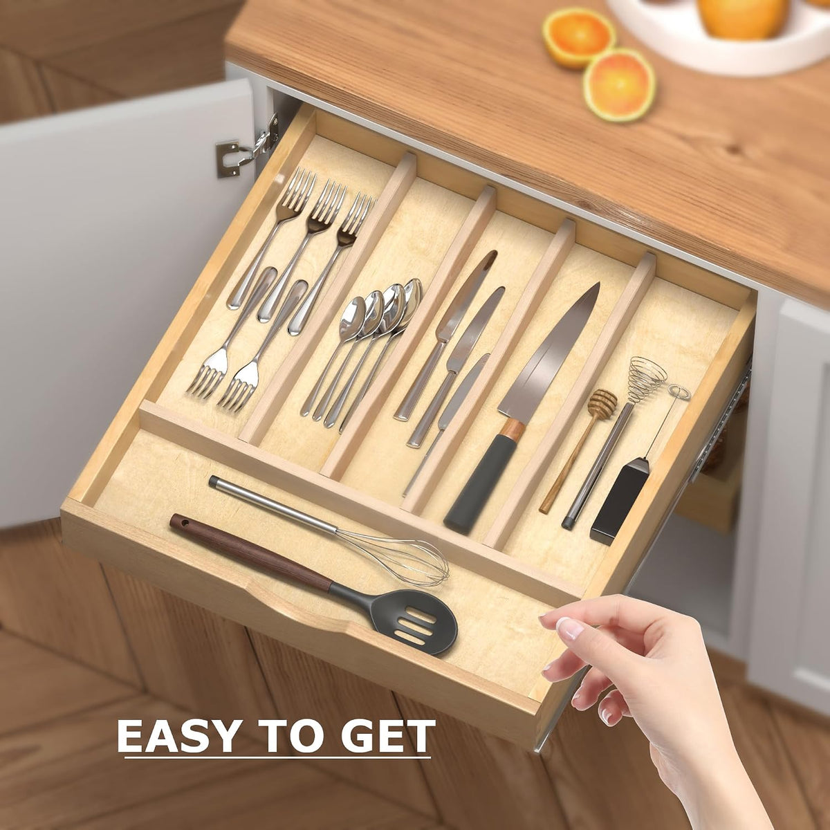 WelFurGeer Solid Birch Wood Silverware Drawer Organizer, Large Utensil Tray