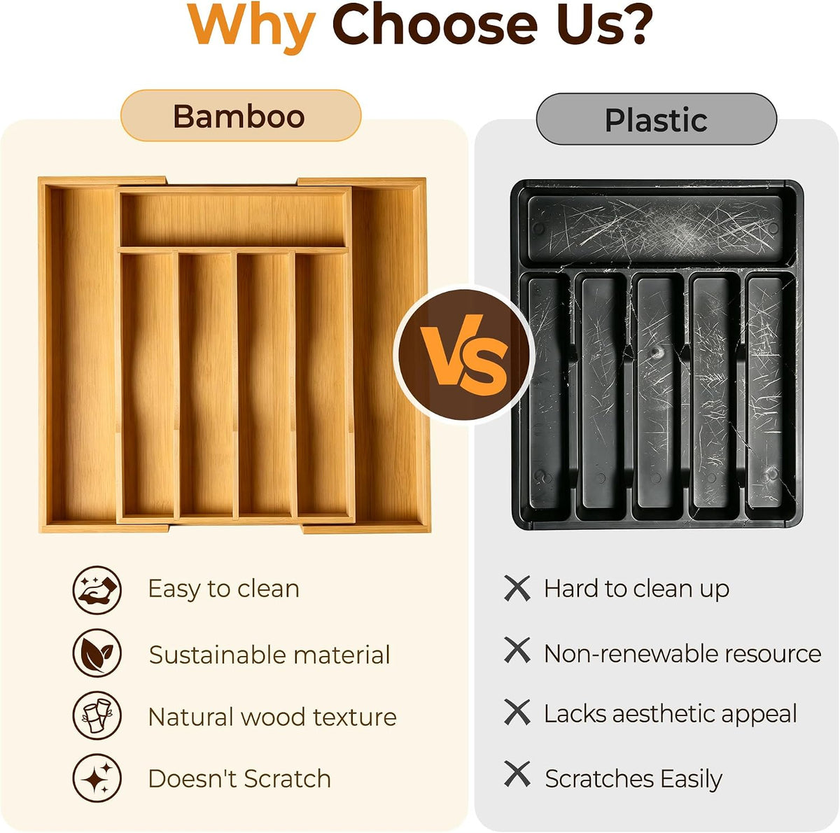 ORIDOM Expandable Bamboo Cutlery Drawer Organizer, 5-7 Slots, Natural