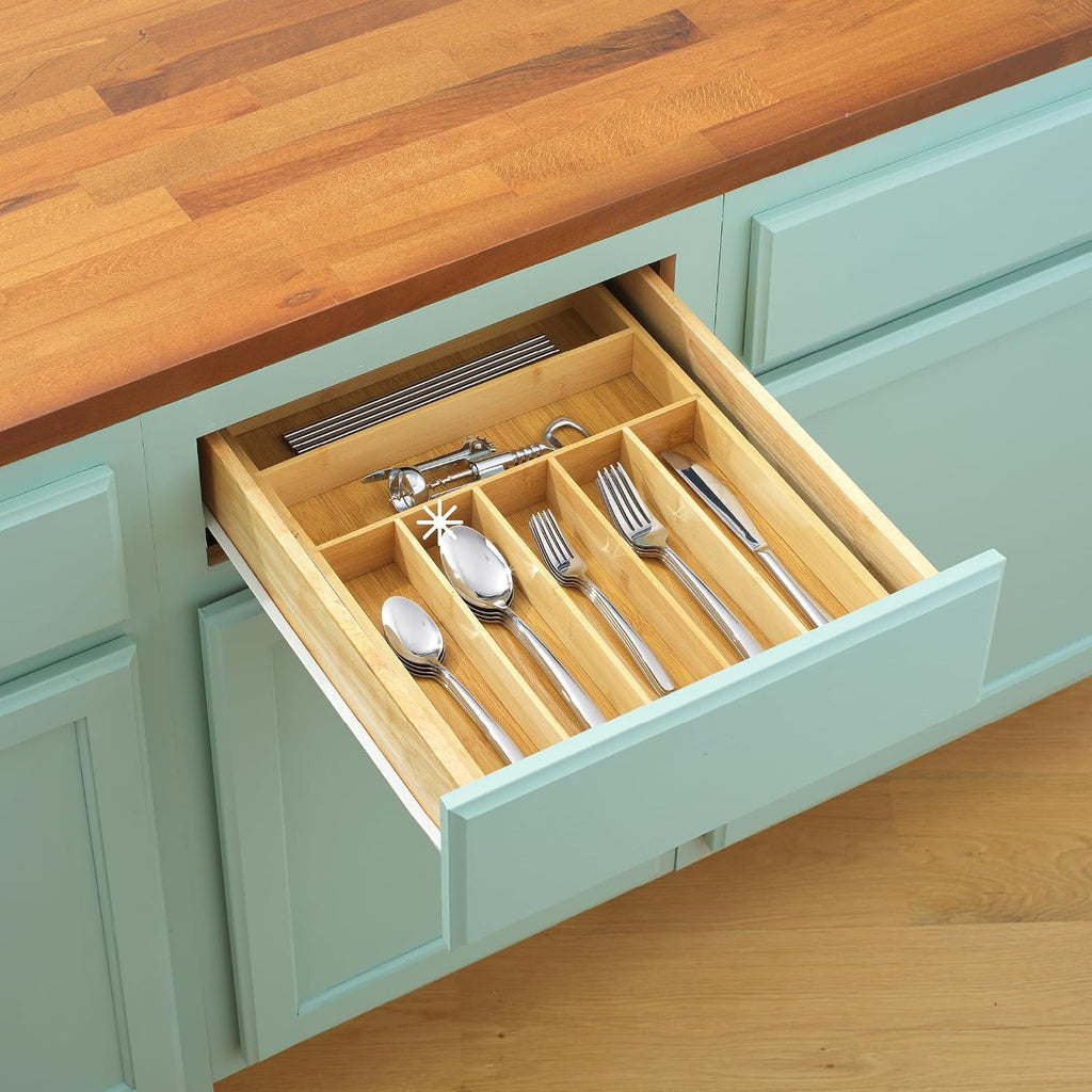 JoyJolt Bamboo Drawer Organizer, 7-Compartment Silverware Tray