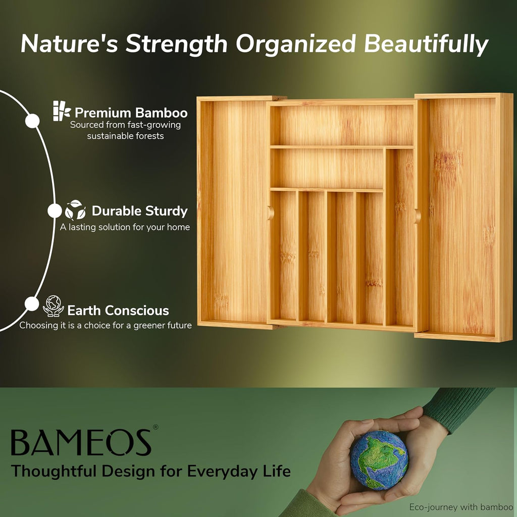 BAMEOS Expandable Bamboo Drawer Organizer with Removable Dividers, 9 Compartments