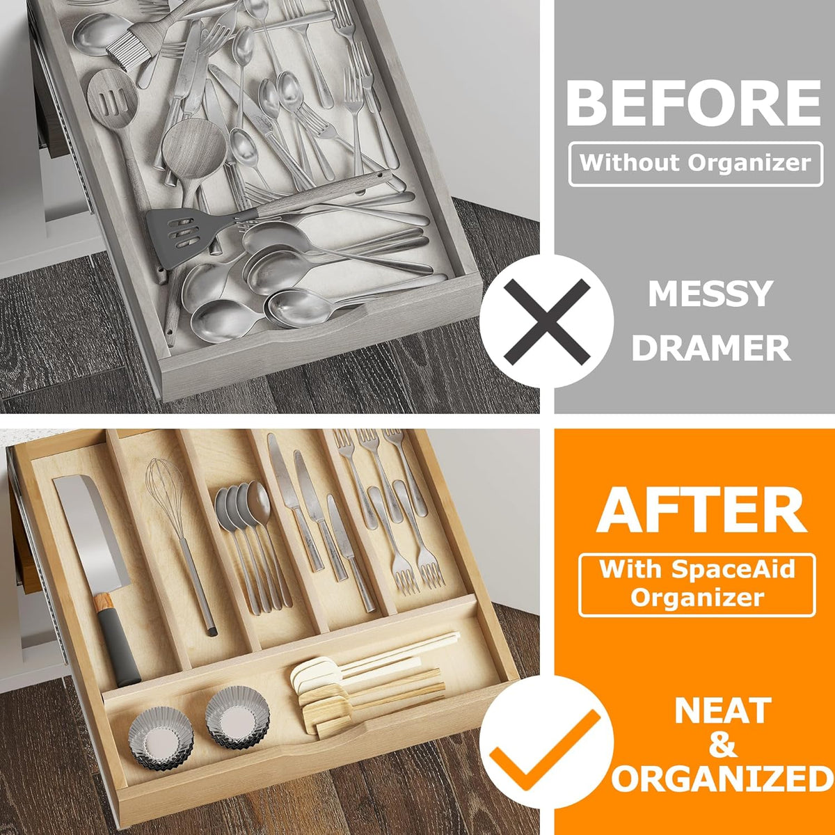 WelFurGeer Solid Birch Wood Silverware Drawer Organizer, Large Utensil Tray