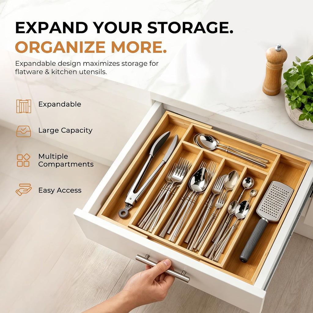 Bellsal Expandable Bamboo Silverware Drawer Organizer, 5-7 Slots, Natural
