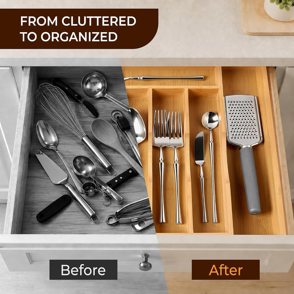ORIDOM Expandable Bamboo Cutlery Drawer Organizer, 5-7 Slots, Natural