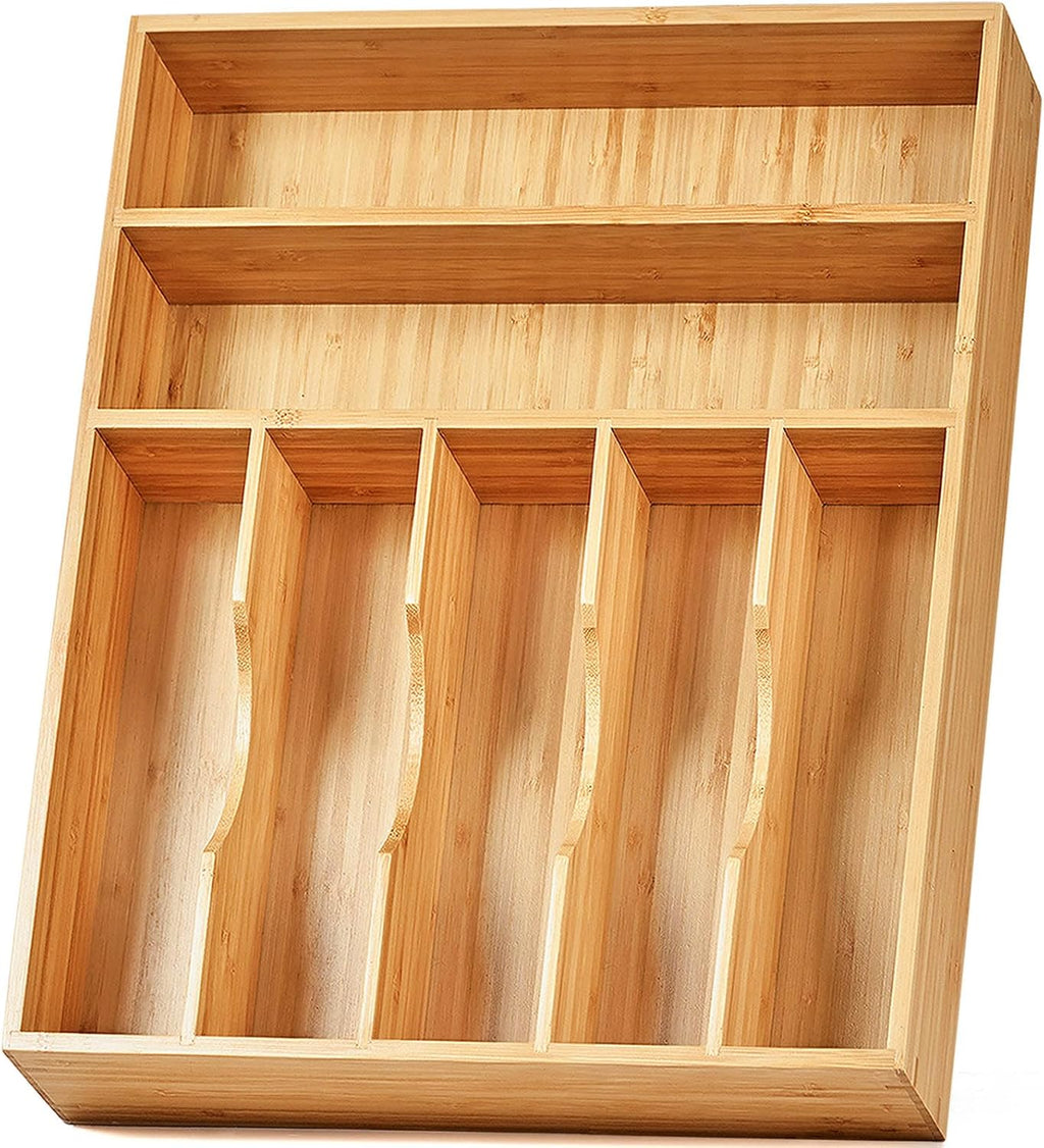 Umilife Bamboo Kitchen Drawer Organizer, 13" Wide, 7 Extra-Deep Slots, Natural
