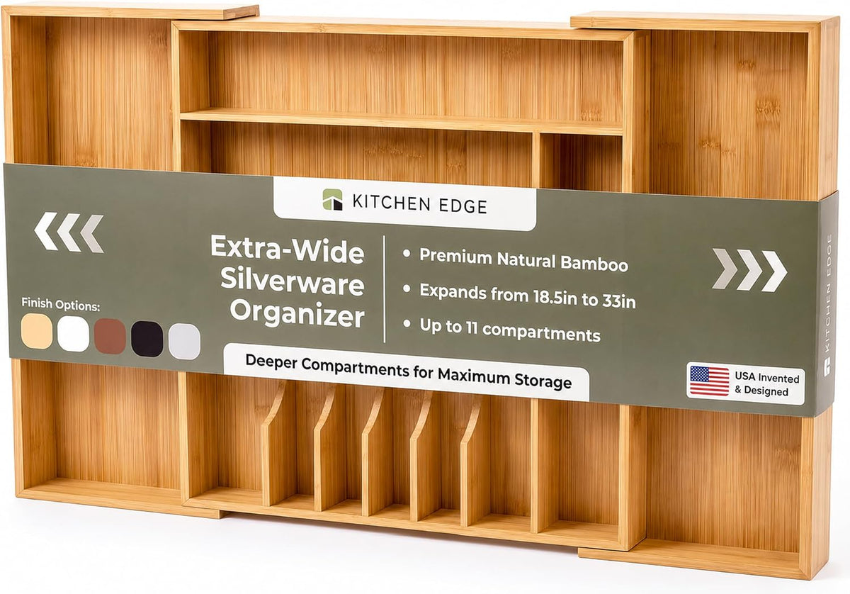 KitchenEdge Expandable Bamboo Silverware Drawer Organizer, Extra Wide 18.5"-33", Natural