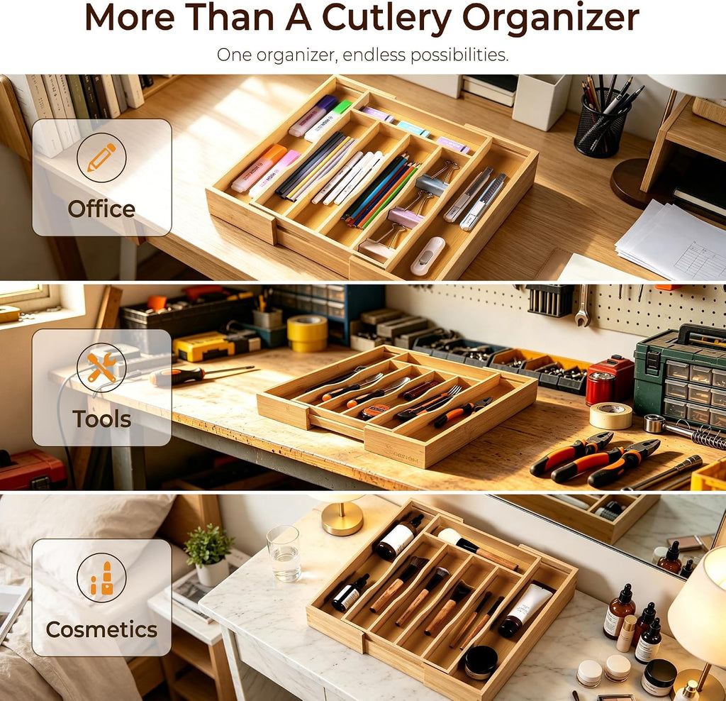 ORIDOM Expandable Bamboo Cutlery Drawer Organizer, 5-7 Slots, Natural