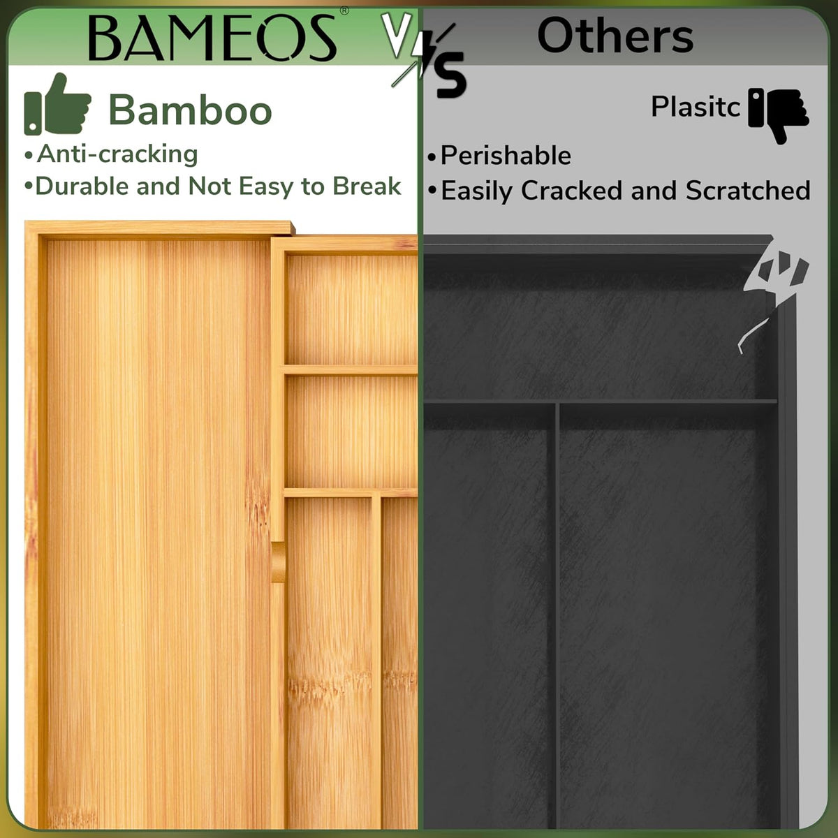 BAMEOS Expandable Bamboo Drawer Organizer with Removable Dividers, 9 Compartments