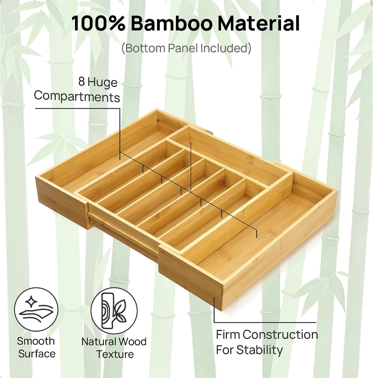 Vtopmart Expandable Bamboo Silverware Organizer, Large, 6-8 Compartments