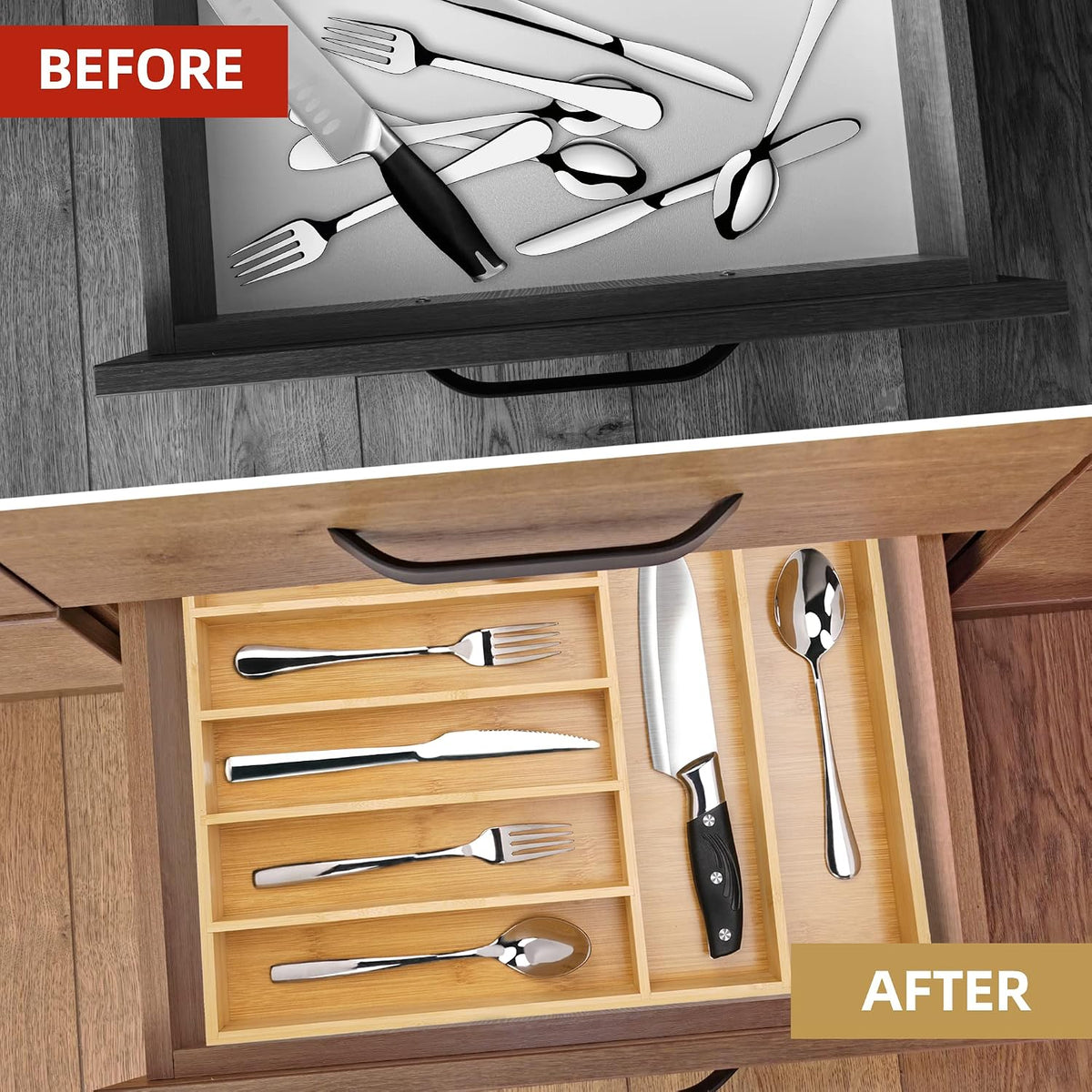 Besilord Bamboo Silverware Organizer, 7 Compartments, Natural